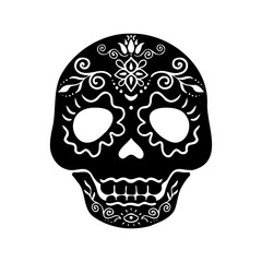 Human skull black isolated on white background, with ornament, Halloween decor, logo, tattoo, vector