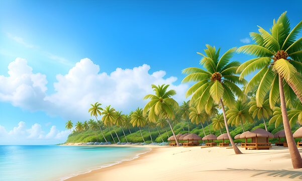 illustration of ocean landscape in sunset or sunrise with beautiful sky . Beautiful nature with palm trees and beach. landscape with beach with simple wooden hut in the morning light