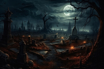 Halloween night background. Cemetery or graveyard in the night with dark sky. Haunted cemetery. Spooky and creepy burial ground. Horror scene of graveyard. Halloween day background.
