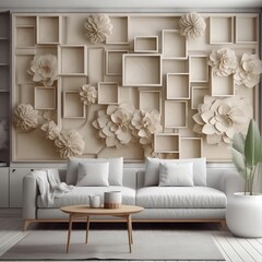 Beautiful Modern Mural Painting Wall art Decor in Living Room with square and flower generative ai
