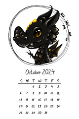 Dragon calendar for 2024, the symbol of the year. Vertical calendar page for October 2024