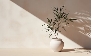 Minimalist living room plant in pot with drop shadow light home