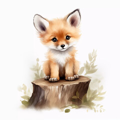 cute baby fox in watercolor style