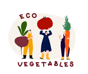 Group of female farmers with harvested vegetable. Flat vector illustration women holding big carrot, tomato, beetroot and text “eco vegetables”. People harvesting healthy organic plants from garden