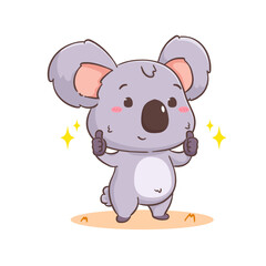Cute koala bear cartoon character showing thumbs up. Adorable kawaii animal vector illustration. Isolated white background. 