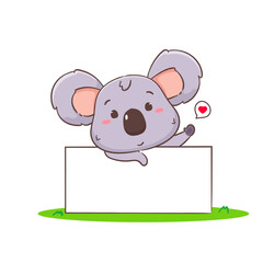 Cute koala bear cartoon character Holding billboard. Adorable kawaii animal vector illustration. Isolated white background. 