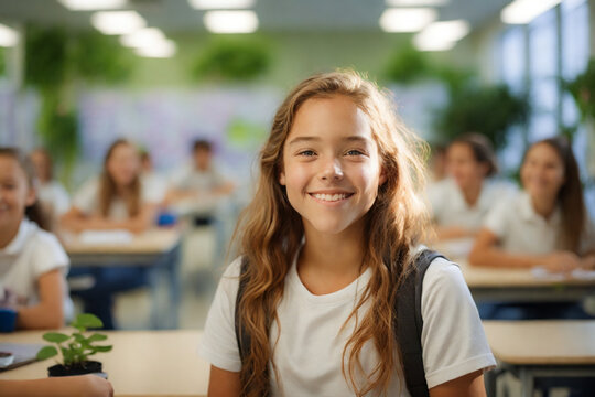 retrato de ni&ntilde;a cauc&aacute;sica con mochila en la escuela secundaria obligatoria sonriendo en el aula
