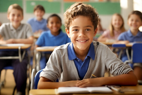 Nene latino sentado en el aula sonriendo en clase, compa&ntilde;eros diferentes etnias
