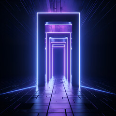 Door, passage, portal - neon colors, geometric shapes, lasers, light, clouds – To have a choice - created with Generative AI technology