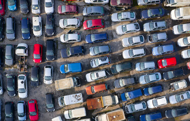 Car compound for scrap metal recycling viewed from above