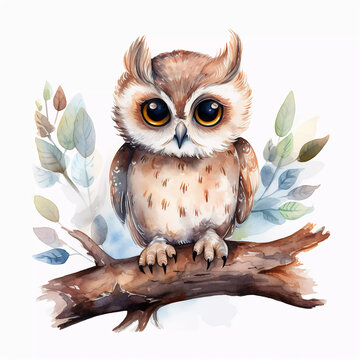 Cute Baby Owl In Watercolor Style