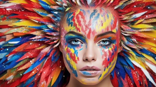 Woman painting her face with colorful paints to attend the festival