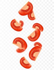 Tomato background. Falling fresh ripe tomatoes, isolated on transparent background. Selective focus. Flying defocusing red tomato. Applicable for ketchup, juice advertising. Realistic 3d vector