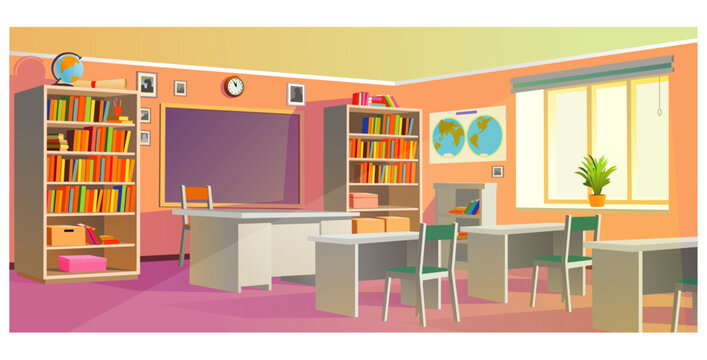 school classroom interior. University, educational concept, blackboard, table, chair college furniture. Training room illustration.