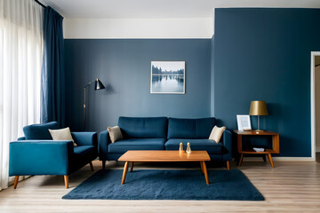 Home interior mock-up with blue sofa, wooden table and decor in blue living room