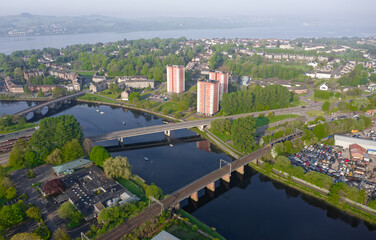 Fototapeta na wymiar Dumbarton town aerial view with the River Leven and Firth of Clyde