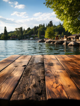 empty wooden floor with blurred lake bakcground