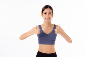 Fototapeta na wymiar Portrait beautiful young asian woman in sportwear smile and thumbs up isolated on white background, sport and training exercise for health, female fitness workout for slimming and confident.