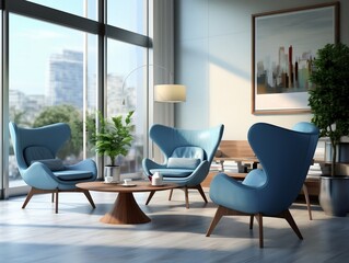 Interior modern living room with blue armchairs and coffee table generative ai