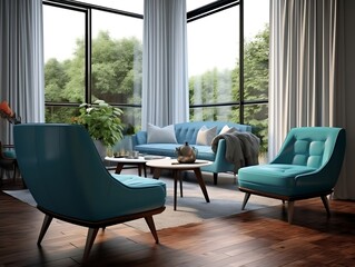 Interior modern living room with blue armchairs and coffee table generative ai