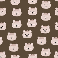 Seamless pattern with cute bear faces doodle style, vector illustration on brown background. Decorative design for kids, wrapping and packaging, smiling animal character
