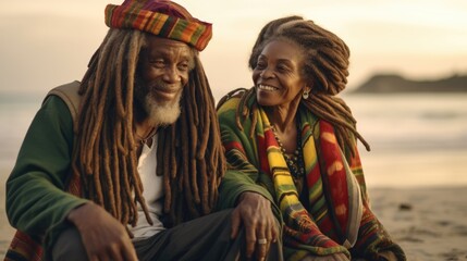 Elderly Rasta couple on the beach. Elder Rastafarian