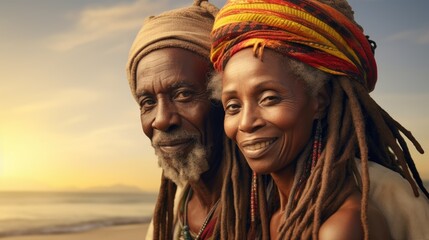 Elderly Rasta couple on the beach. Elder Rastafarian