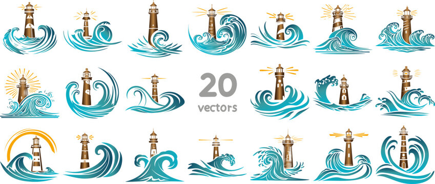 set of colored wave silhouettes around the lighthouse vector images icons and logos