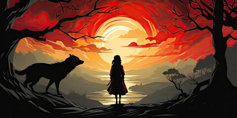 A girl with a red hood and a wolf. Generative AI