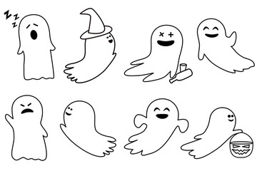Set of cute funny ghosts,line art different emotions.Flat design cartoon for Halloween.