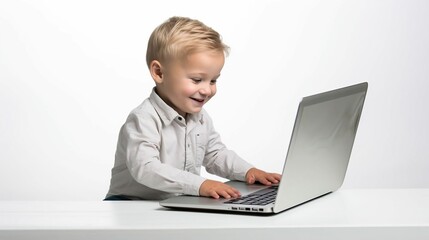isolated white background with Little boy using laptop
