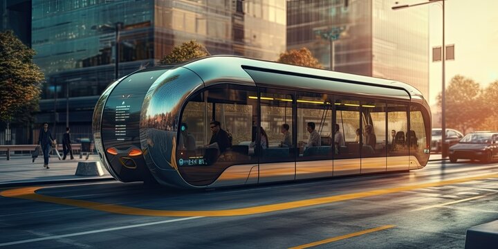 Urban bus of futuristic design. Generative AI