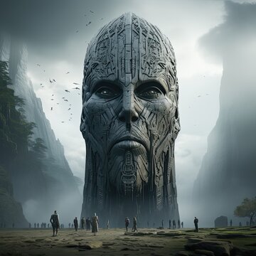 Giant figure of alien as old building. Generative AI