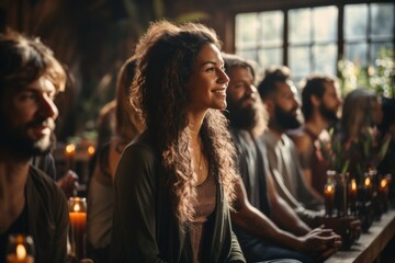 Group meditation in a yoga studio breathing exercises Man and woman meditating and breathing with eyes closed and the concept of breathing exercise