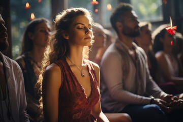 Group meditation in a yoga studio breathing exercises Man and woman meditating and breathing with eyes closed and the concept of breathing exercise