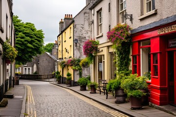 Exploring Kilkenny: Irish Cityscape Featuring Castle, Architecture, and Scenic Streets and Buildings. Generative AI - obrazy, fototapety, plakaty