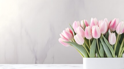 A bunch of pink and white tulips on the white background.