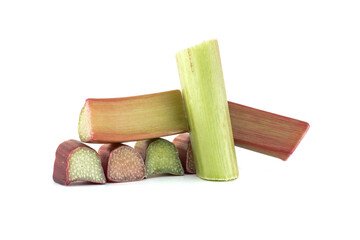Rhubarb pieces in scattered formation isolated over white