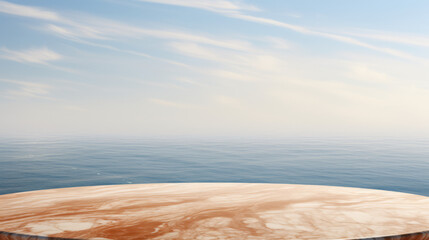 orange oval marble table with a view of the sea