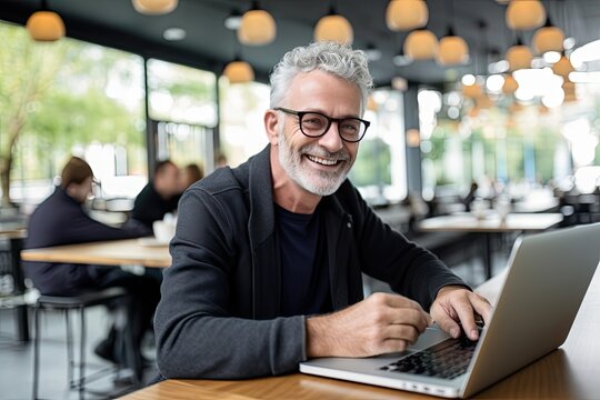Elderly man works on his laptop.