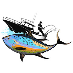 Fisherman on a boat and tuna catch