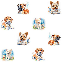 watercolor tiled pattern with cute dogs on the white background. Puppies illustration for kids, generative art.