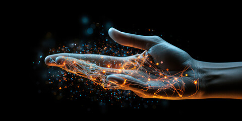 Digital hand hologram on dark background with copy space. Neural network connection. Communication with artificial intelligence