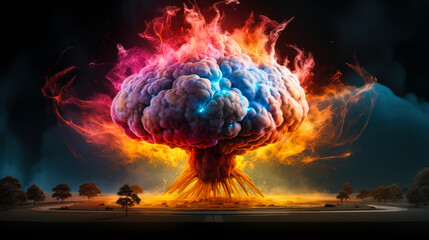 Concept art of a human brain exploding with knowledge and creativity