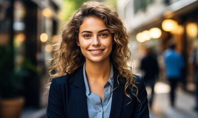 Obraz premium Young happy pretty smiling professional business woman, happy confident positive female entrepreneur standing outdoor on street arms crossed, looking at camera