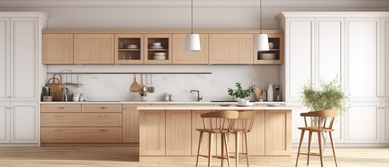 Scandinavian classic kitchen with wooden and white details, Luxury Kitchen Interior in white tone, Generative ai