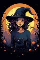 beautiful witch with black cats in halloween