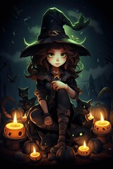 beautiful witch with black cats in halloween