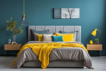 Photo of a stylish bedroom with blue walls and vibrant yellow accents created with Generative AI technology