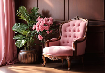Pink Armchair and Flowers inside a Luxury Room, Wedding Wallpaper, Generative Ai